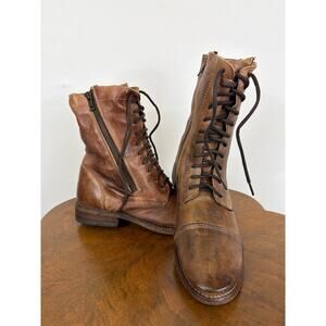 Bed Stu Brown Leather Double Side Zip Lace Up Stacked Heel Boots Size 7.5 M